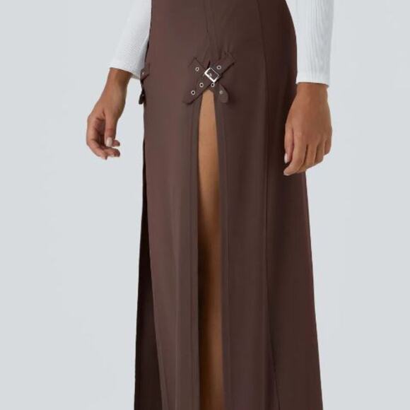 Halara Brand NWT Brown Size XL High Waisted Decorative Buckle Split Maxi Skirt - Picture 4 of 6